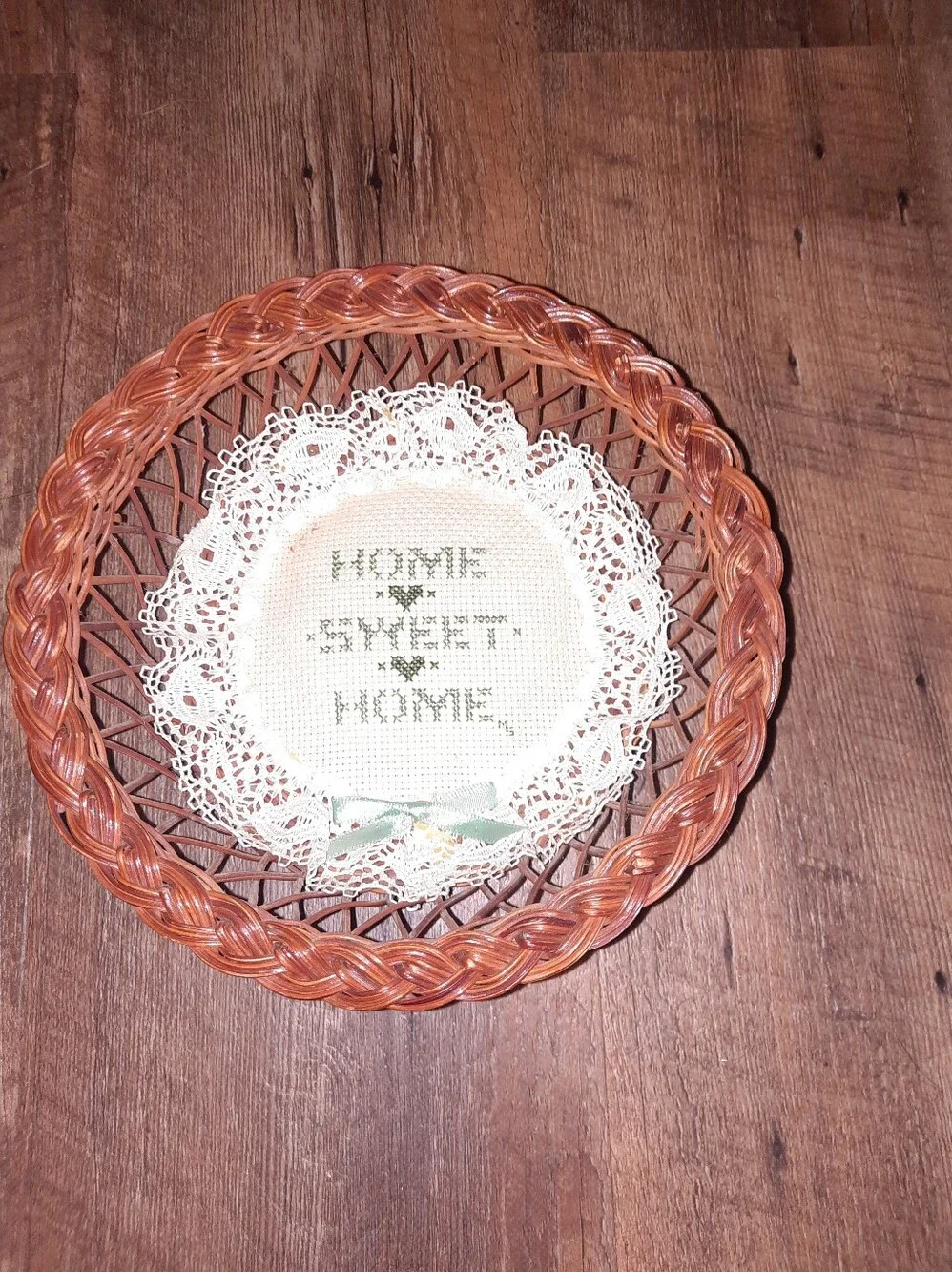 Woven Rattan Wall Basket with Lace Cross-Stitch 